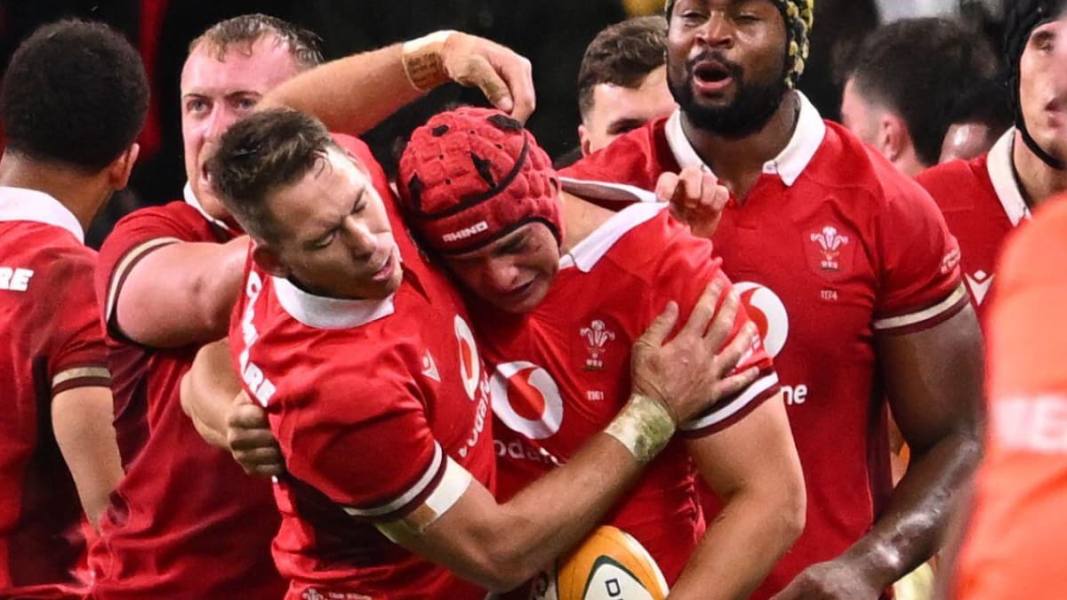James Botham of Wales celebrating a try which was then disallowed with Liam Williams.