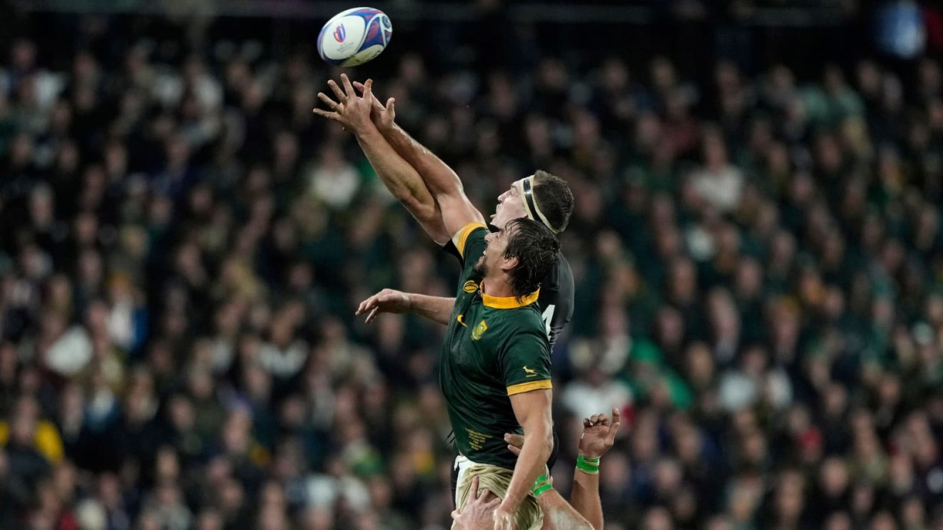 Brodie Retallick and Eben Etzebeth competing at a lineout during the 2023 Rugby World Cup.