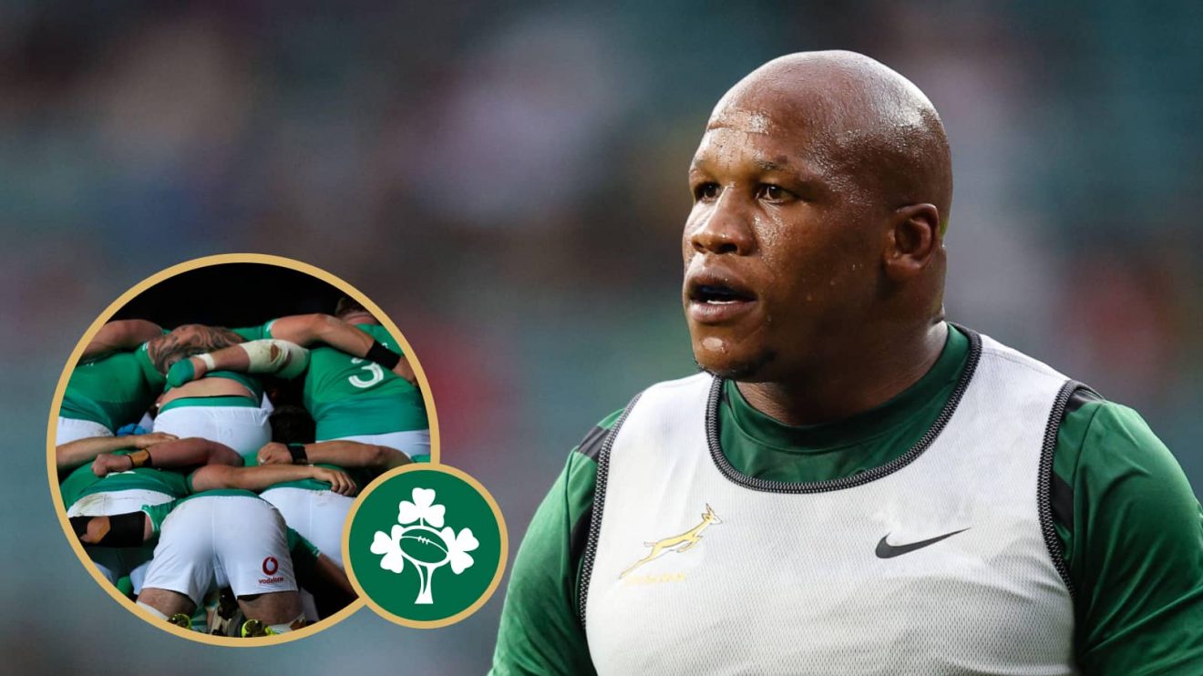 Springboks hooker Bongi Mbonambi and the Ireland scrum.