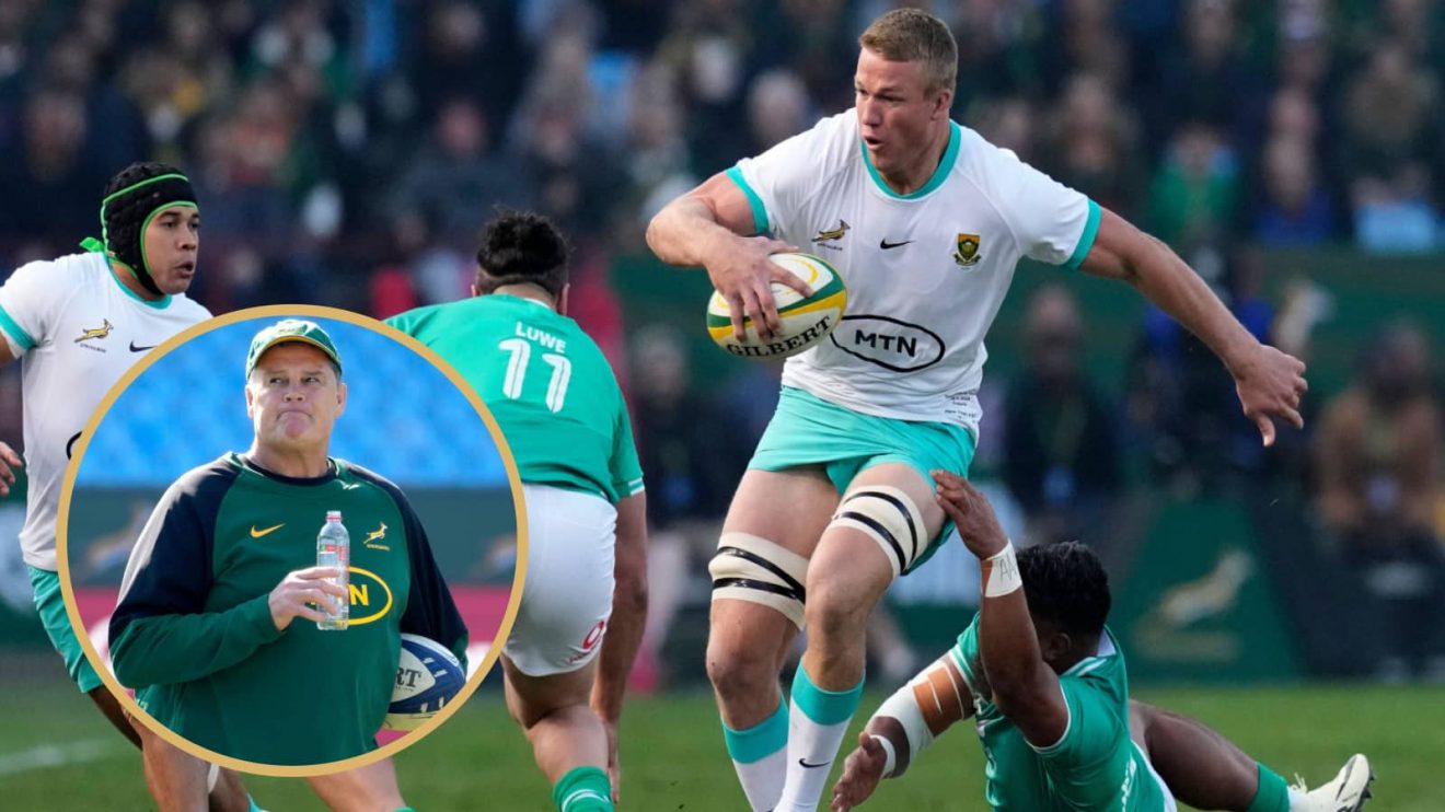 Pieter-Steph du Toit in action for the Springboks against Ireland, and head coach Rassie Erasmus.