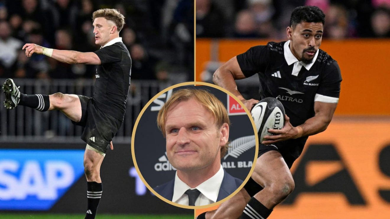 All Blacks playmakers Damian McKenzie and Stephen Perofeta alongside head coach Scott Robertson.