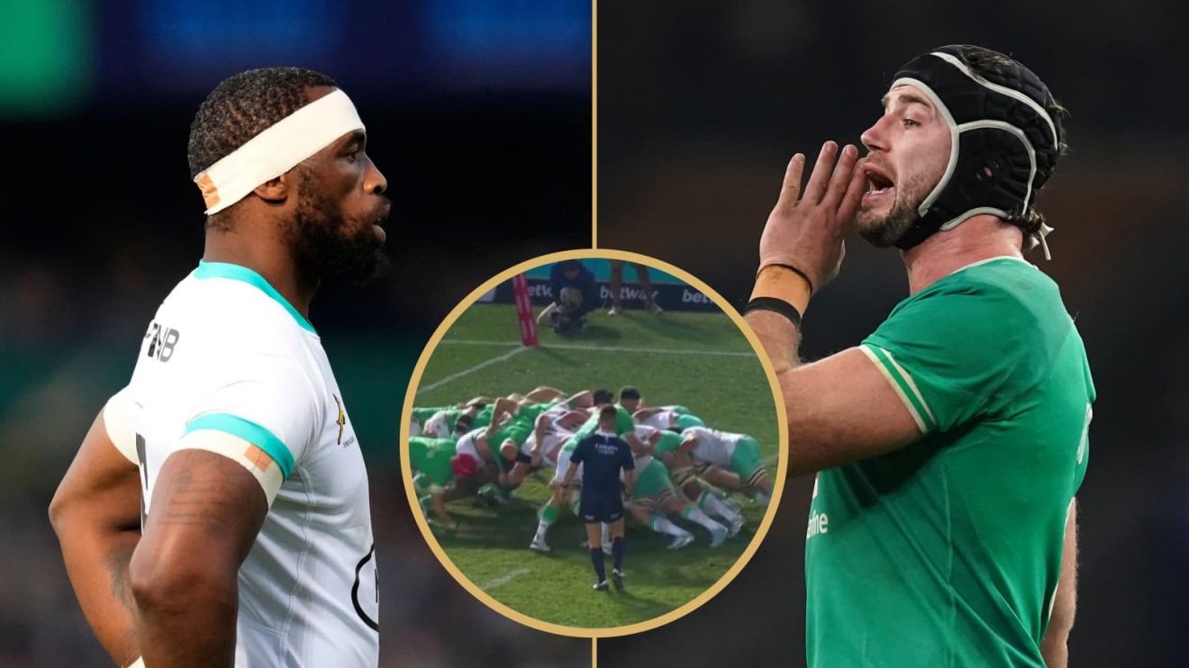 Springboks captain Siya Kolisi, a scrum, and Ireland skipper Caelan Doris.