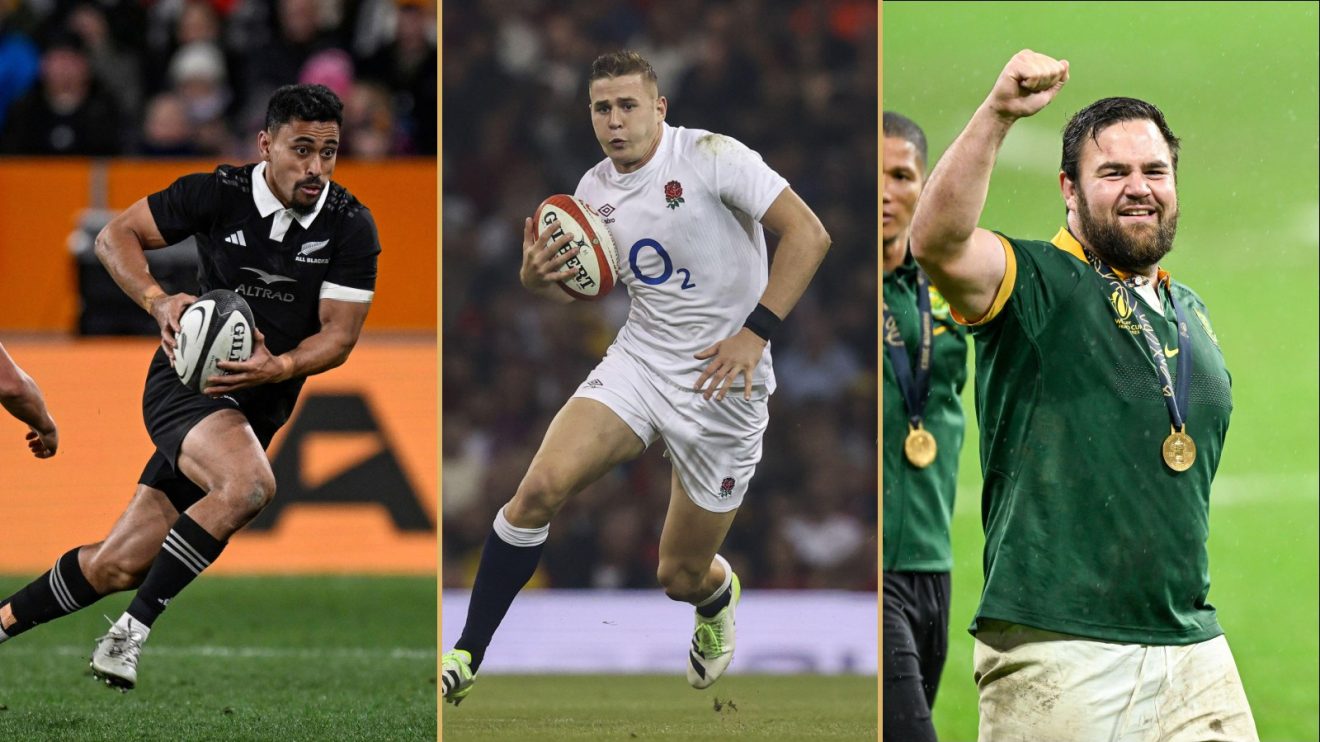 Split with All Black Stephen Perofeta, England's Freddie Steward and Springbok Frans Malherbe