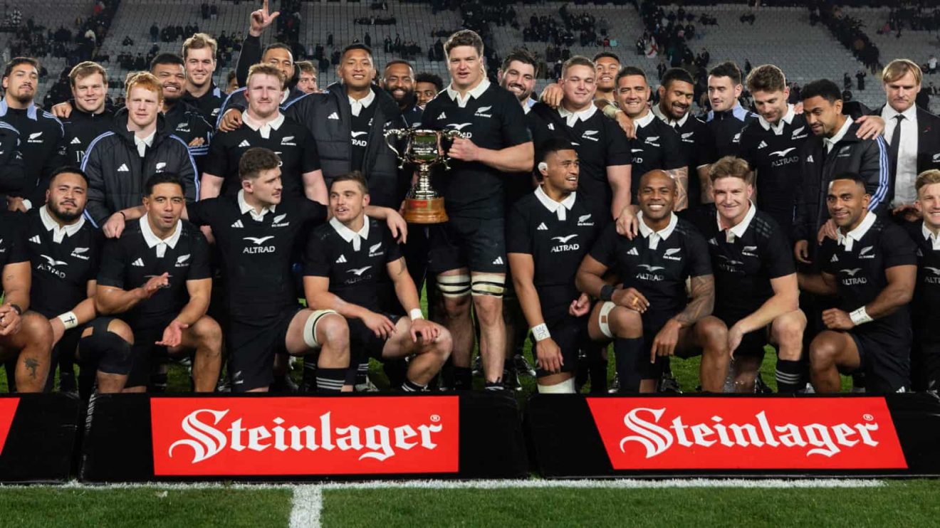 All Blacks celebrate 2-0 series victory over England in 2024.