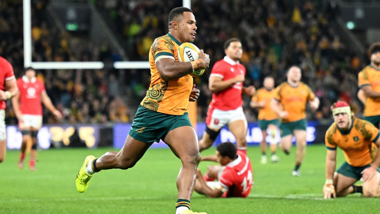 Wallabies wing Filipo Daugunu in action against Wales.