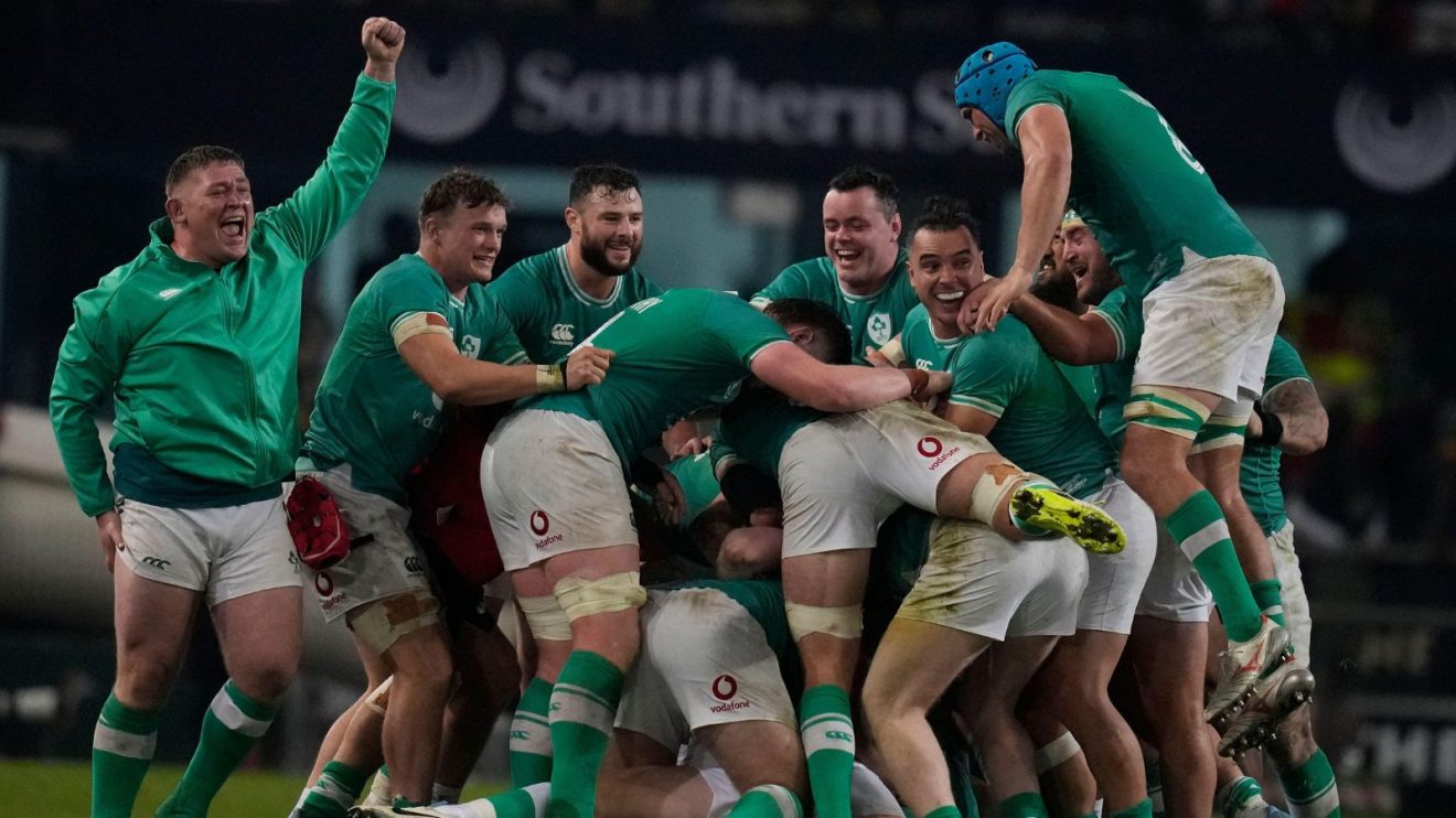 Ireland's players celebrate after winning their test match against South Africa at Kings Park Stadium in Durban, South Africa
