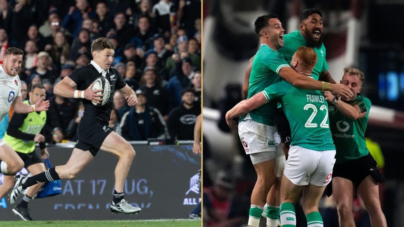 Split with All Black Beauden Barrett and Ireland players celebrating.