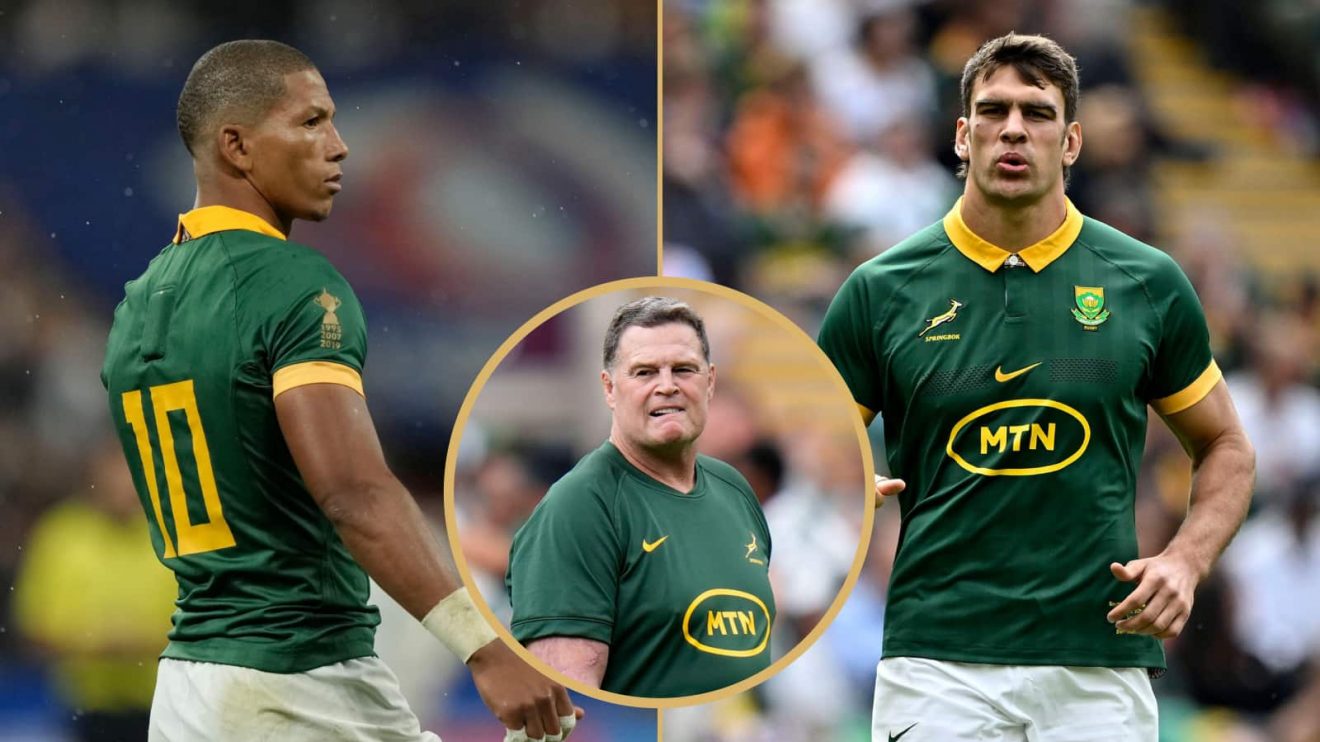 Springboks fly-half Manie Libbok, coach Rassie Erasmus and flanker Ben-Jason Dixon.