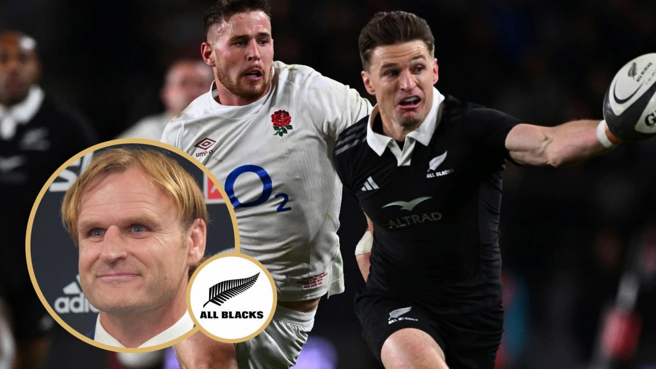 Beauden Barrett in action against England and All Blacks head coach Scott Robertson.