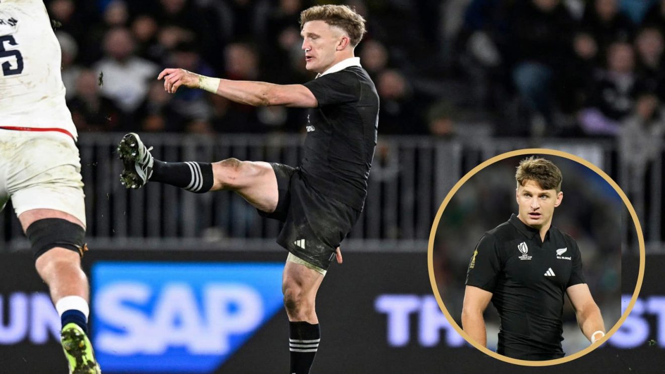 Playmakers Damian McKenzie and Beauden Barrett in action for the All Blacks.