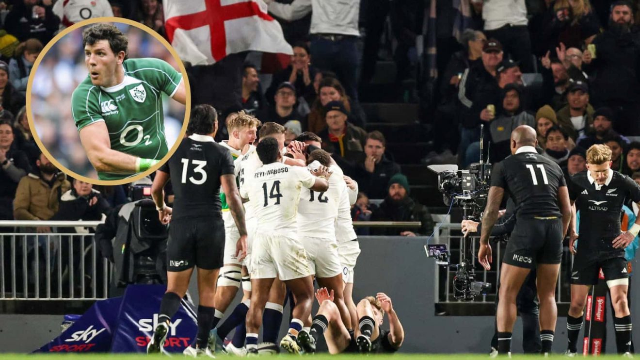 England celebrate try against All Blacks in 2024, and ex-Ireland wing Shane Horgan.