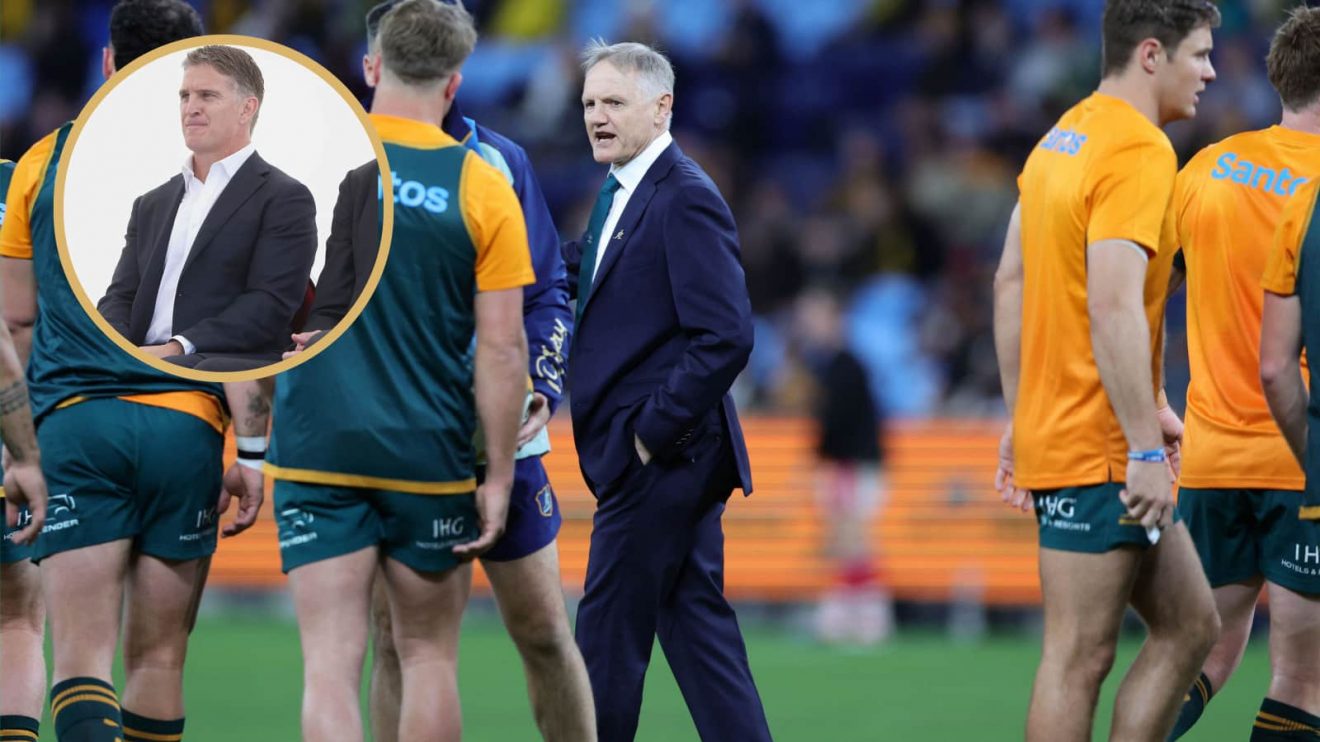 Wallabies head coach Joe Schmidt alongside the legendary Tim Horan.