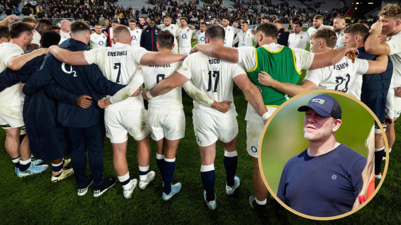 England team in a huddle after All Blacks defeat, and former centre Mike Tindall.