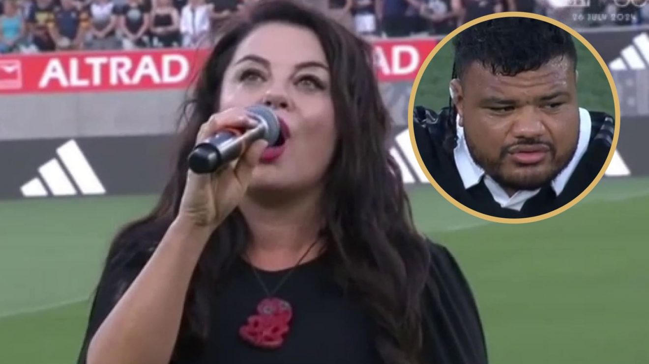 Marla Kavanaugh singing God Defend New Zealand and All Blacks prop Pasilio Tosi.