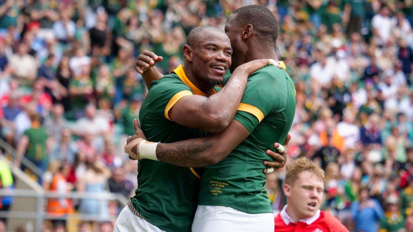 Makazole Mapimpi celebrating Springboks try in 2024.