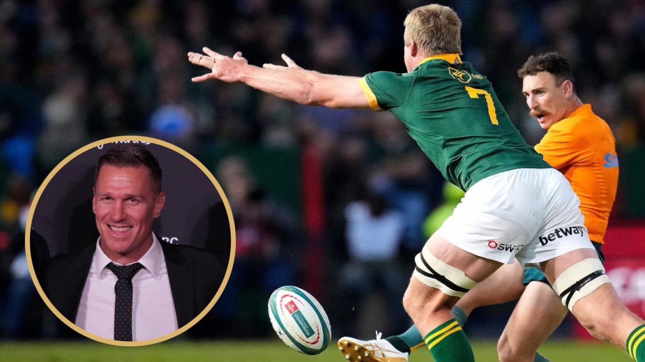 Nic White and Pieter-Steph du Toit during a Springboks v Wallabies match, alongside Jean de Villiers.