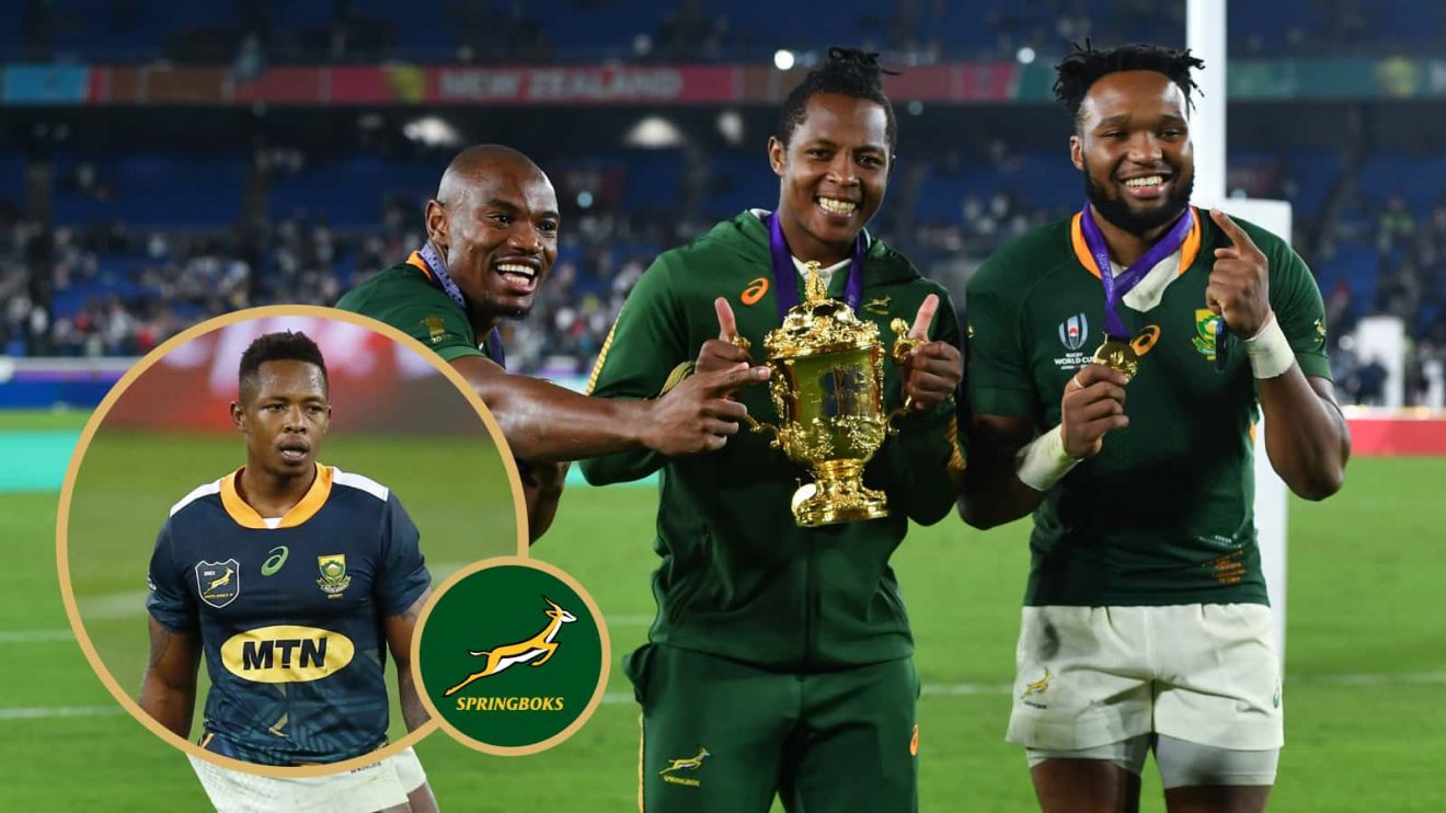 Springboks winger Sbu Nkosi and an image with him Makazole Mapimpi and Lukhanyo Am.