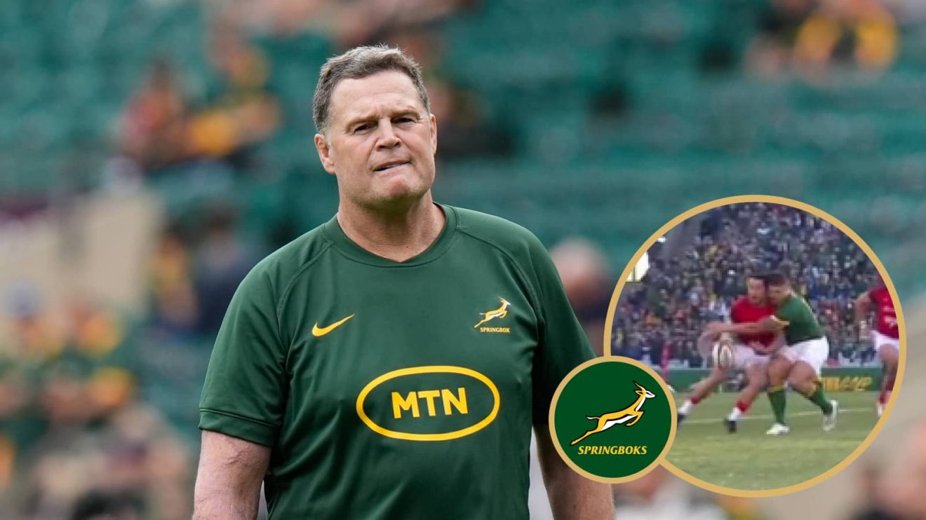 Springboks head coach Rassie Erasmus and a snippet of Andre Esterhuizen's tackle that resulted in a red card.
