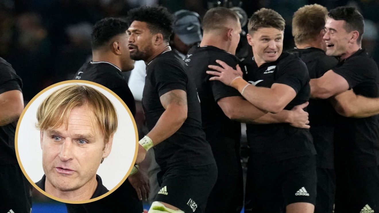 All Blacks celebrating win over Springboks in 2022, and new head coach Scott Robertson.
