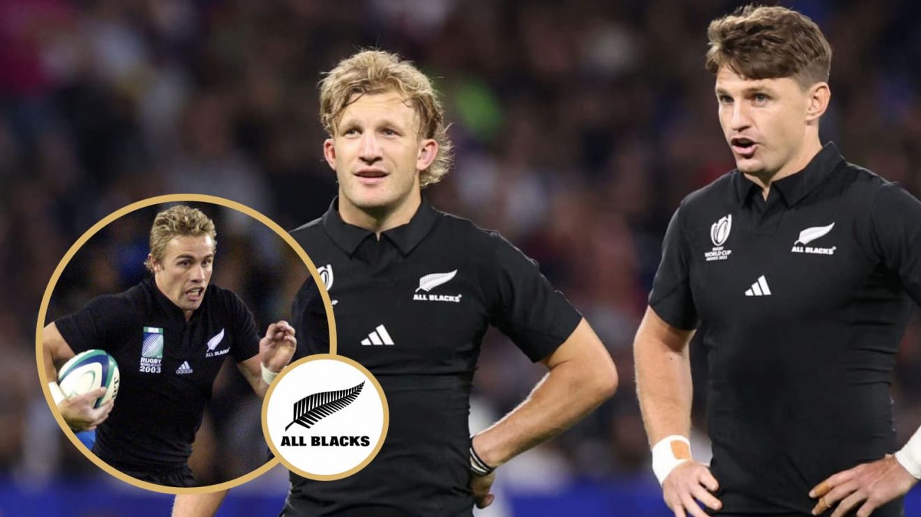 All Blacks playmakers Beauden Barrett and Damian McKenzie alongside Justin Marshall.