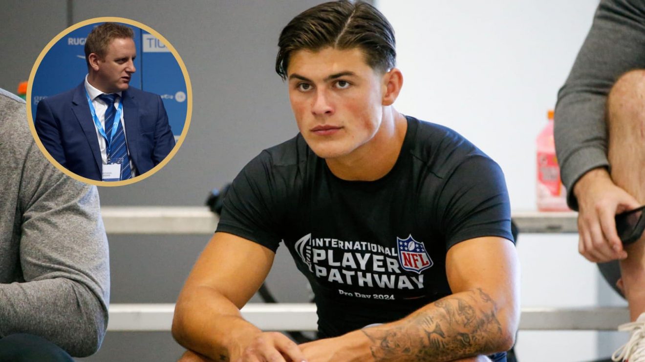 Ex-Wales star Louis Rees-Zammit alongside World Rugby CEO Alan Gilpin.