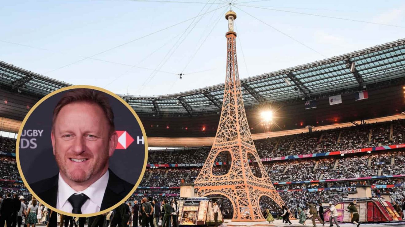 Opening ceremony at the 2023 Rugby World Cup and World Rugby CEO Alan Gilpin.