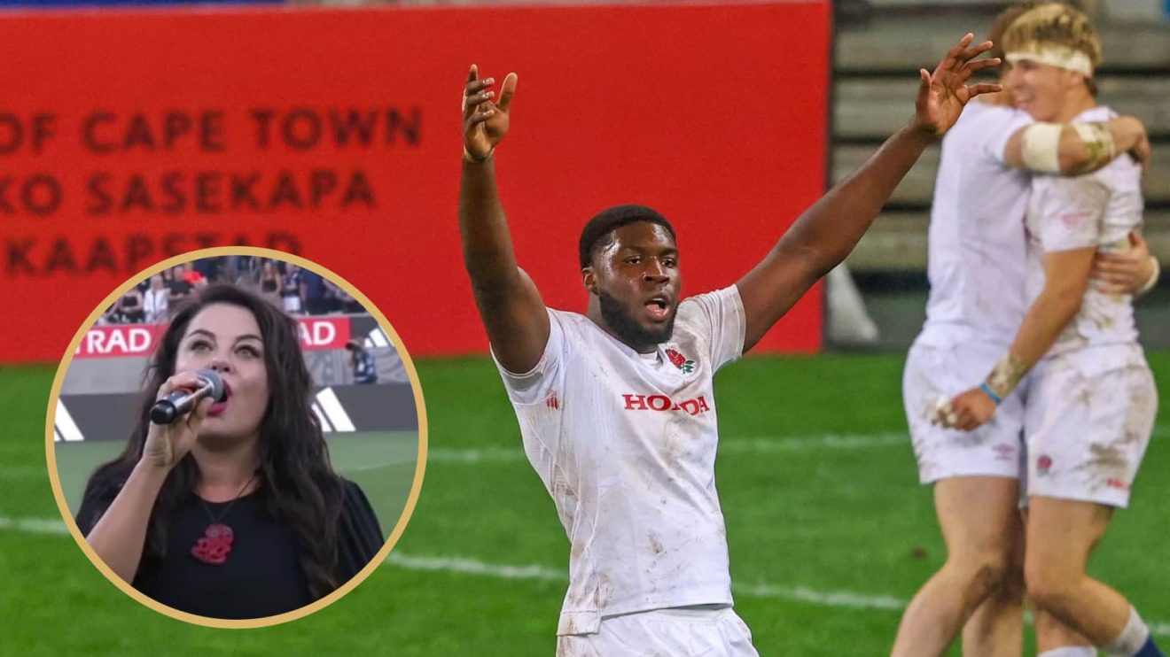 Marla Kavanaugh singing God Defend New Zealand and England U/20 celebrates. (Photo by Carl Fourie/World Rugby)