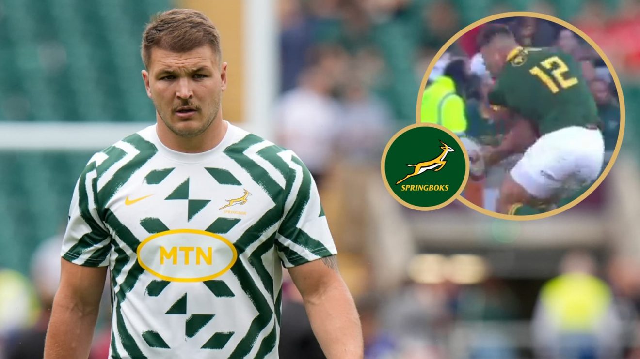Springboks centre Andre Esterhuizen in 2024 and the tackle which saw him banned.