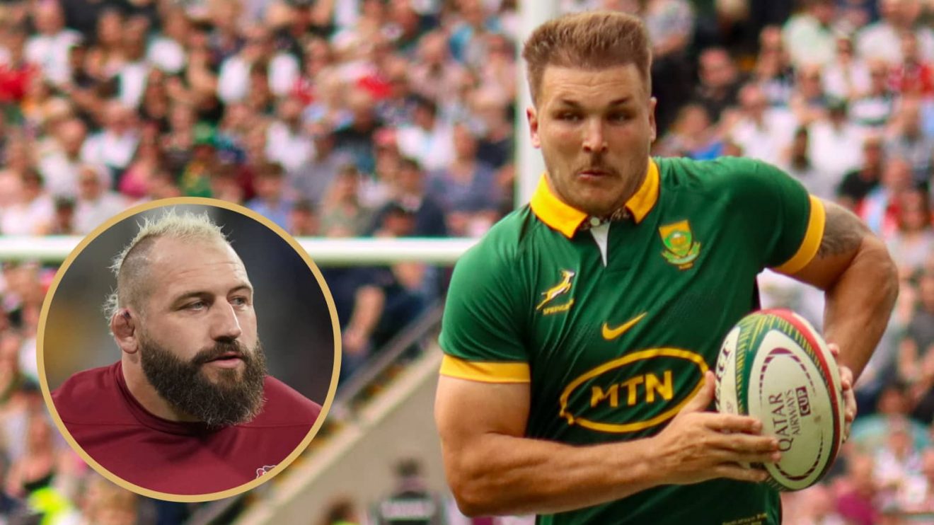 Springboks centre Andre Esterhuizen alongside England prop Joe Marler.