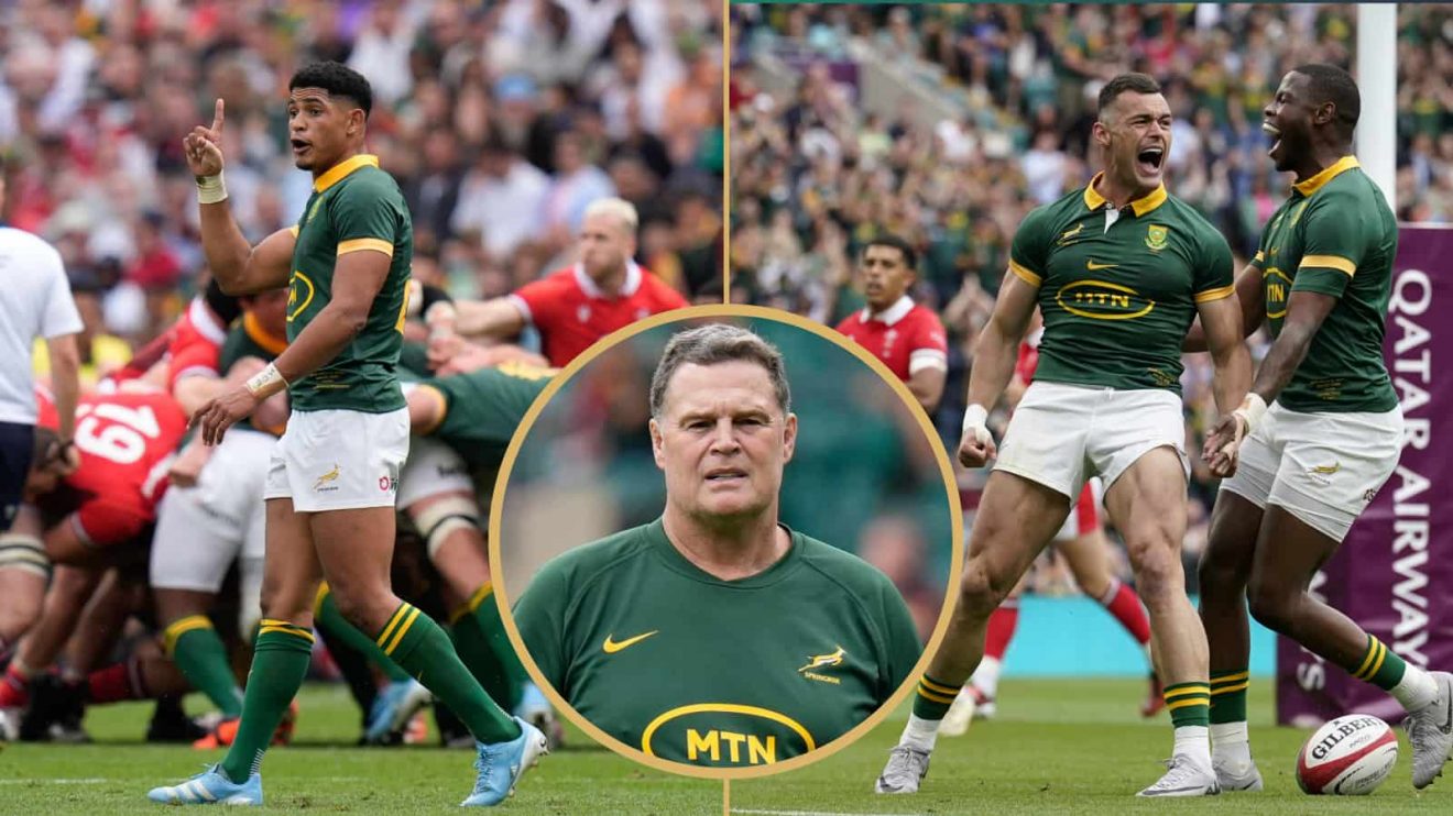 Sacha Feinberg-Mngomezulu and Jesse Kriel and Springboks head coach Rassie Erasmus.