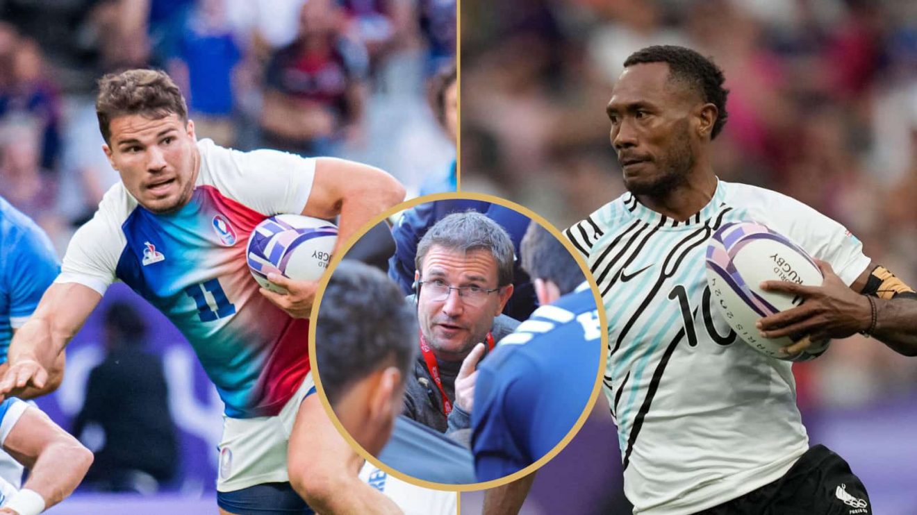 France's Antoine Dupont, USA Head Coach Mike Friday and Fiji's Iowane Teba during the 2024 Summer Olympics