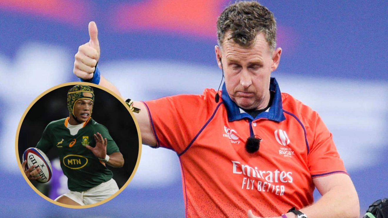 Former referee Nigel Owens and Springboks wing Kurt-Lee Arendse.