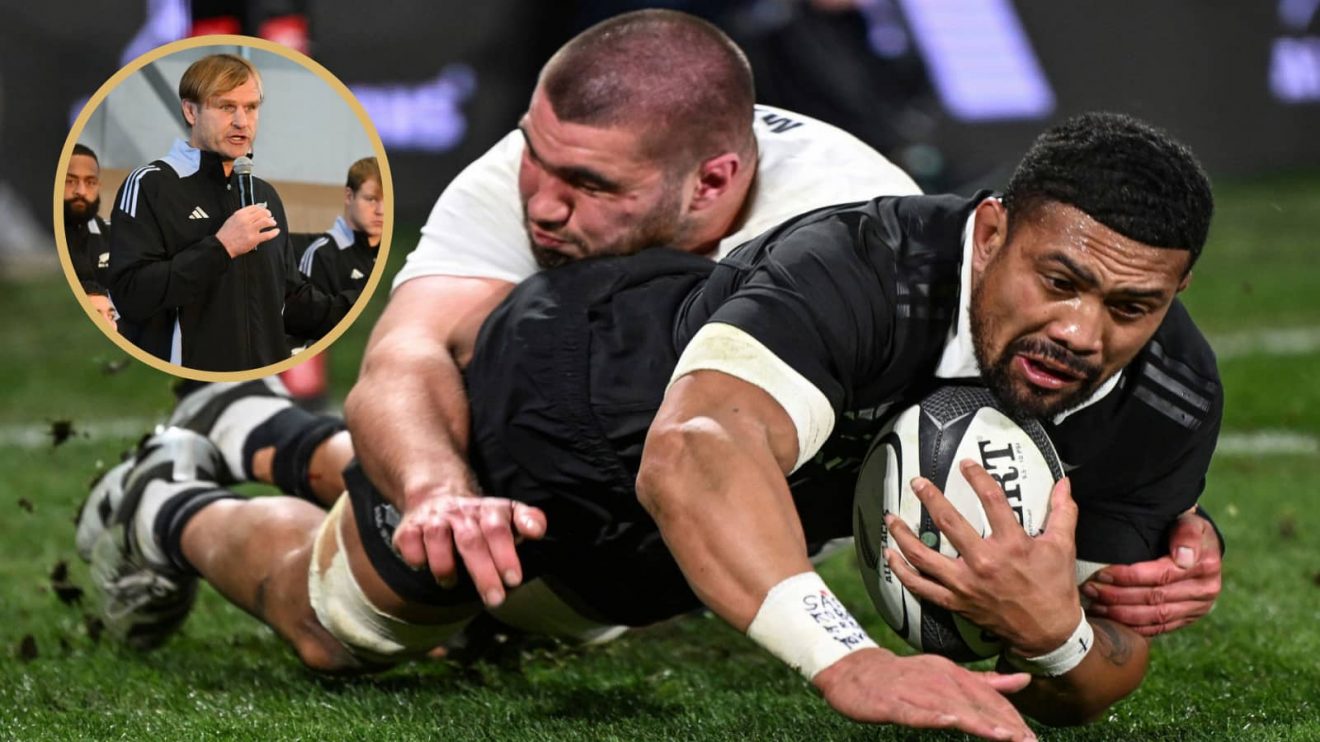 Ardie Savea in action for All Blacks against England, and head coach Scott Robertson.