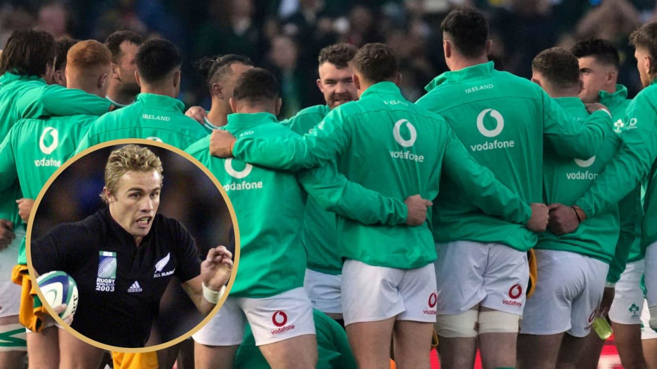 Ireland team in a huddle ahead of Springboks Test and ex-All Black Justin Marshall.