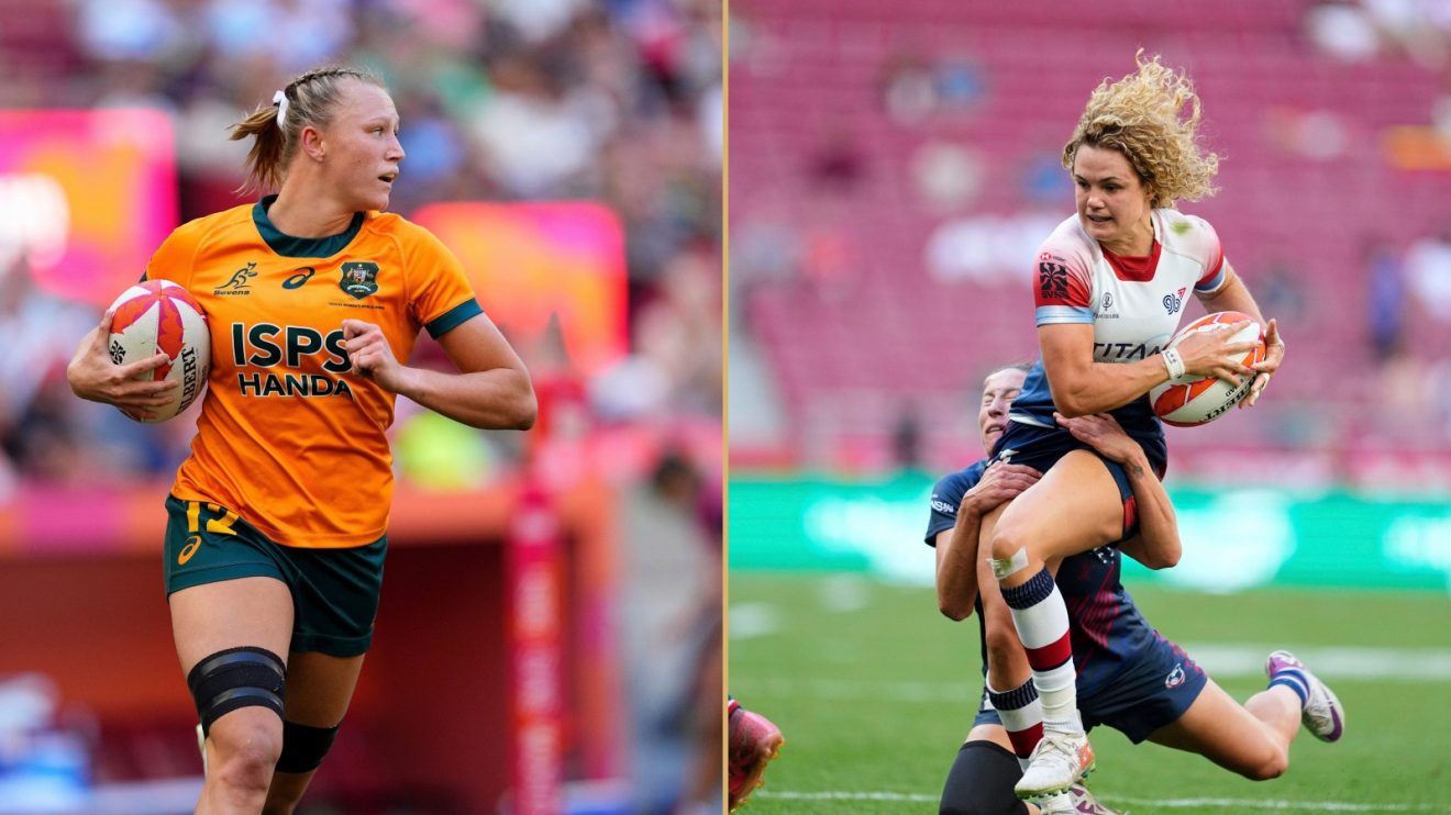Split with Australia's Maddison Levi and Great Britain's Ellie Kildunne.