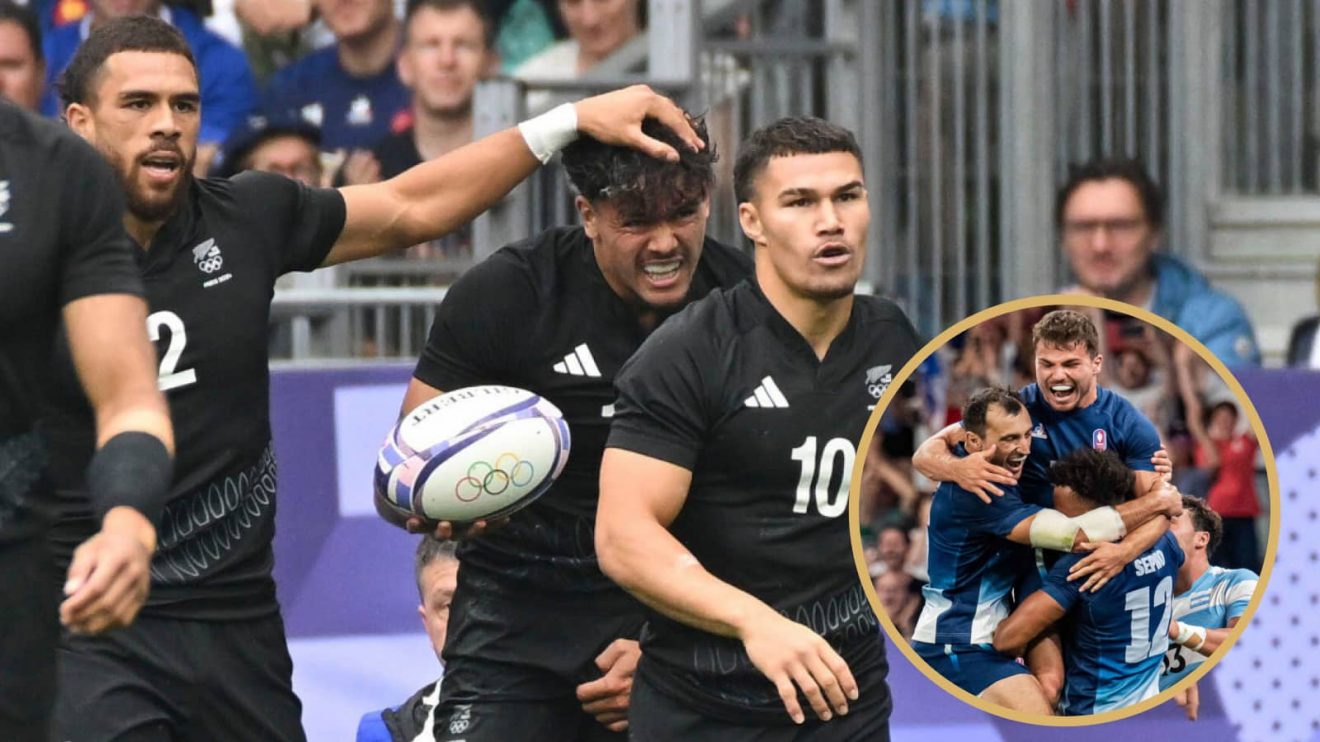 All Blacks Sevens players during the Olympics and Antoine Dupont celebrating.