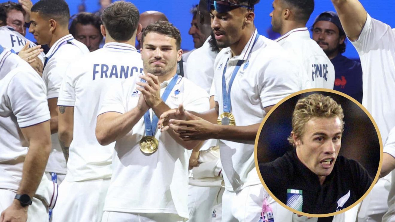 France and Antoine Dupont celebrating Olympic gold and ex-All Black Justin Marshall.