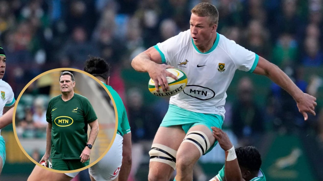 Springboks flanker Pieter-Steph du Toit alongside head coach Rassie Erasmus.