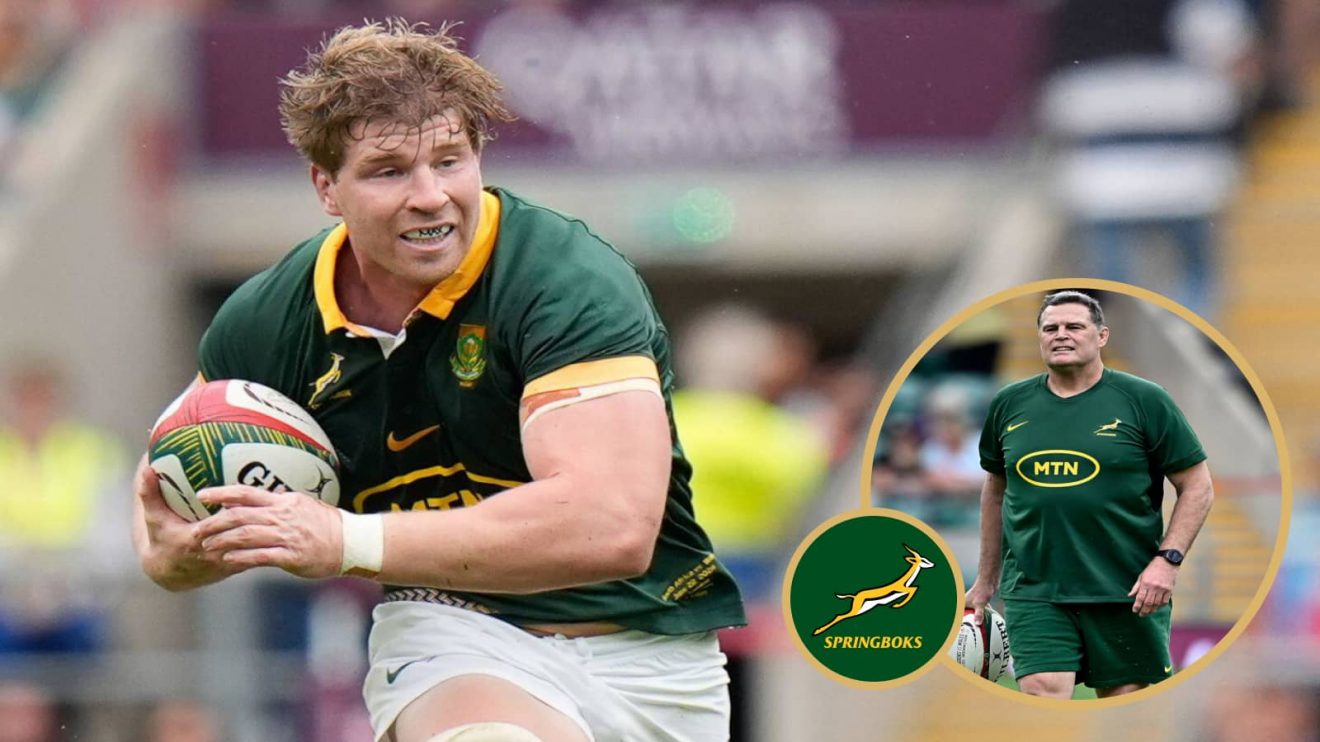 Springboks number eight Evan Roos and head coach Rassie Erasmus.