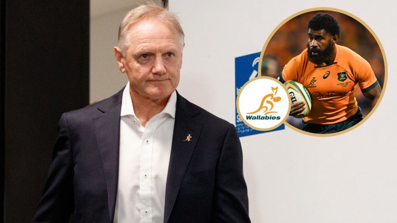 Wallabies head coach Joe Schmidt alongside returning wing Marika Koroibete.