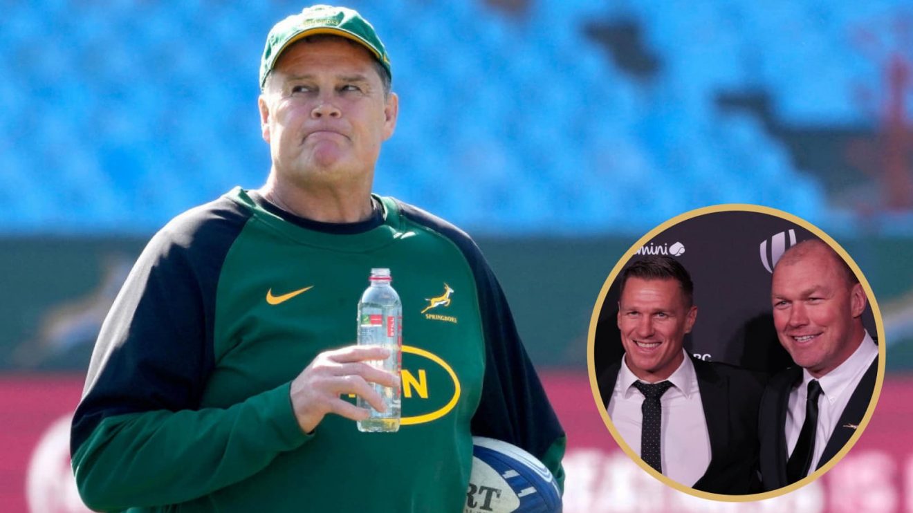 Springboks head coach Rassie Erasmus alongside Jean de Villiers and Schalk Burger.