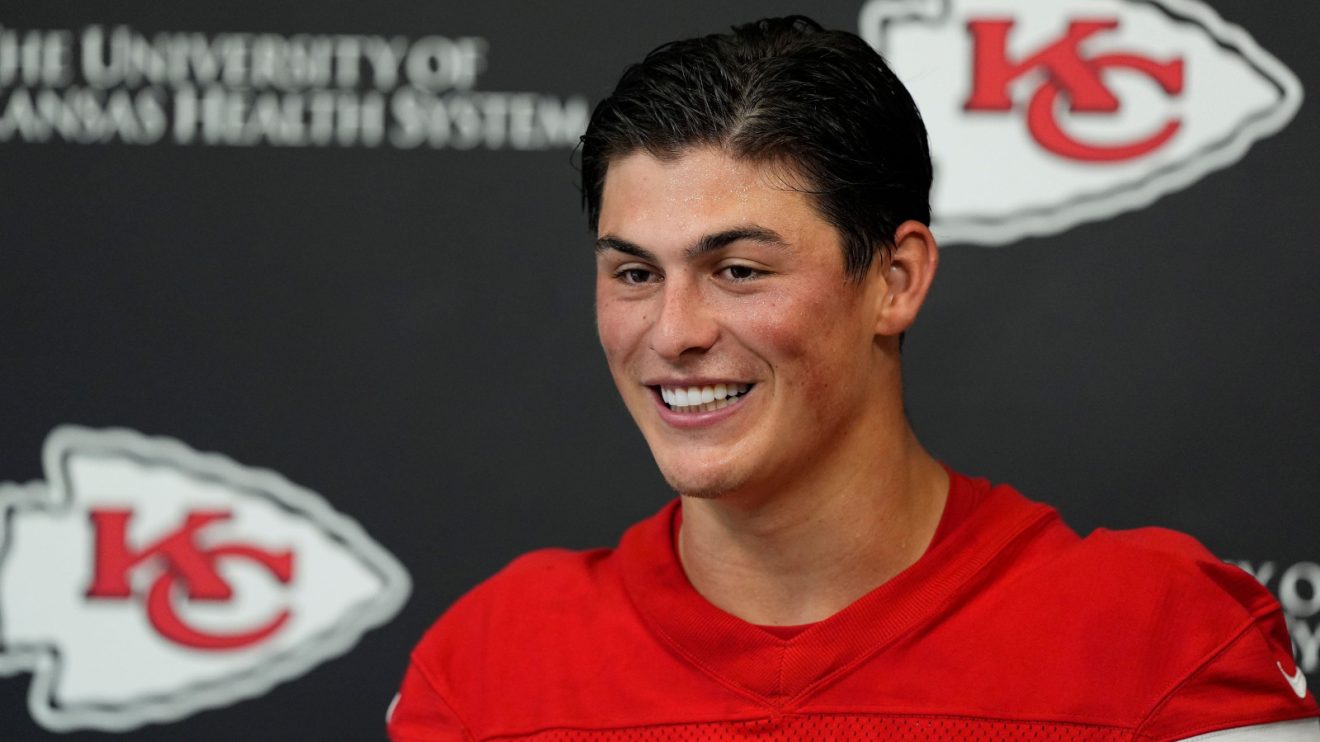 Kansas City Chiefs running back Louis Rees-Zammit speaks to the media.