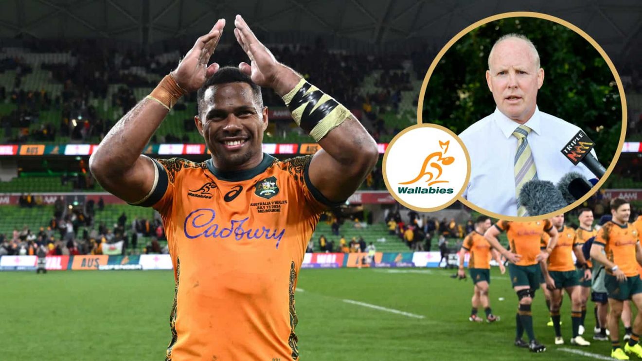 Wallabies winger Filipo Duaguna celebrates after beating Wales and Australian great Jeff Miller.