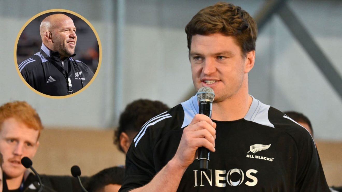 All Blacks captain Scott Barrett and forwards coach Jason Ryan.