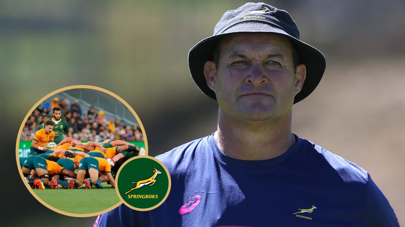 Springboks scrum coach Daan Human and a scrum between South Africa and Australia.
