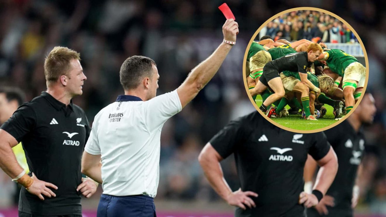 Scott Barrett red carded during South Africa v New Zealand at Twickenham and a snippet of a scrum between the Springboks and All Blacks.