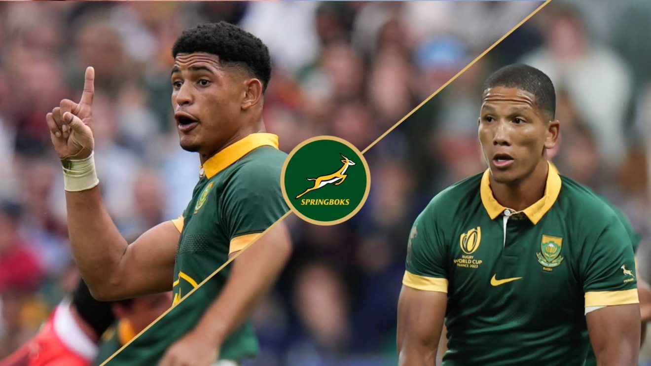 Sacha feinberg-Mngomezulu and Manie Libbok with a Springboks logo