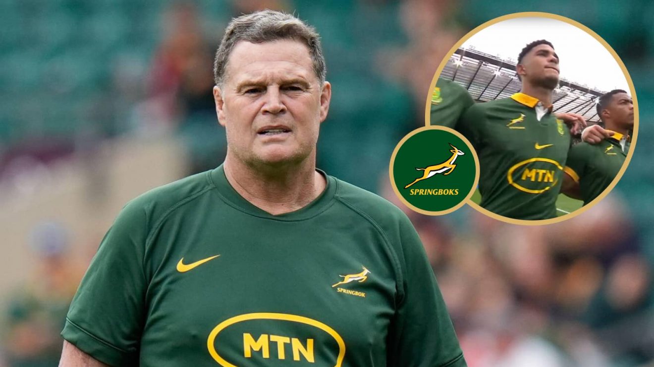 Springboks head coach Rassie Erasmus and rookie Sacha Feinberg-Mngomezulu.