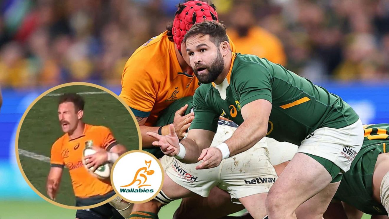 Springboks scrum-half Cobus Reinach passes the ball and a snippet of Nic White's dive in 2022.