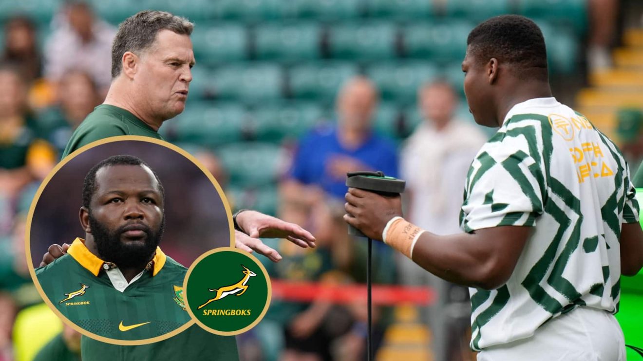 Springboks prop Ox Nche plus head coach Rassie Erasmus and front rower Ntuthuko Mchunu